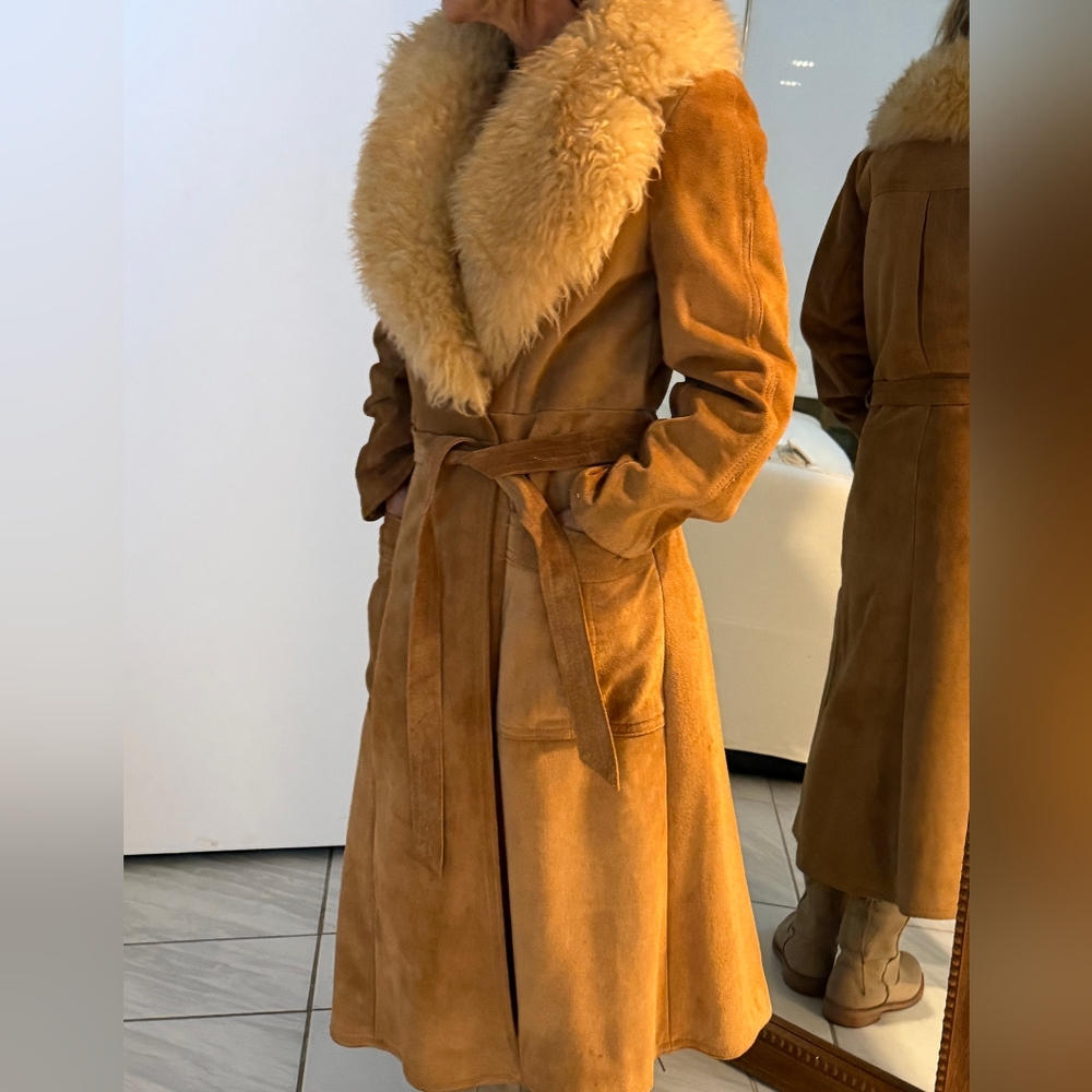 Vintage Genuine Suede Leather Tan Belted Pleated Pockets Pennylane Coat - Picture 13 of 16